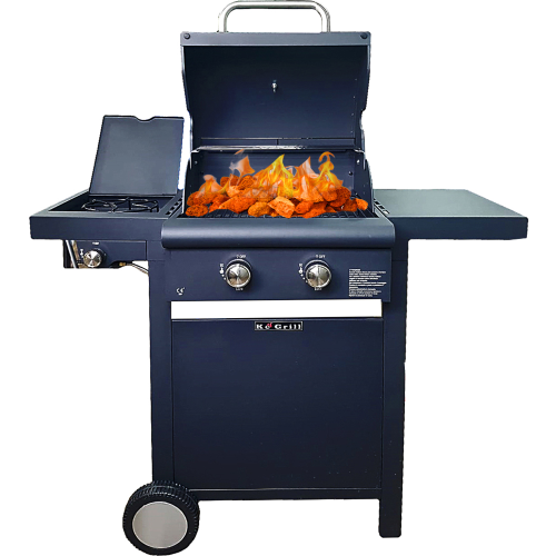 KE001 gas barbecue for cooking with gas or lava stone in steel two burners 7 kW + 2 kW with side burner