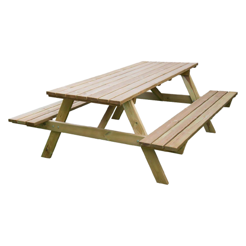 Picknick-Holztisch aus imprägnierter Kiefer mit zwei Bänken mit gehobelten Brettern für den Garten im Freien