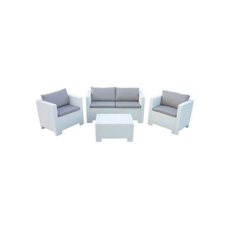 Salotto Capri in resina effetto polirattan bianco composto da divano due poltrone e un tavolino con cuscini da giardino esterno