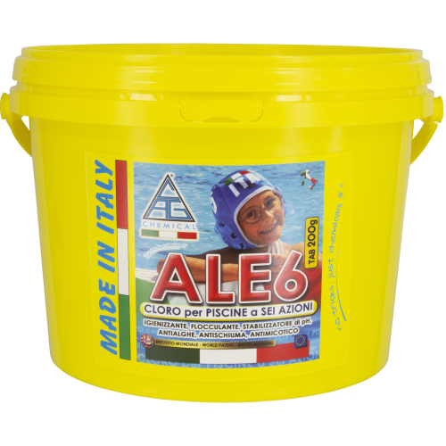 Multifunktionales ALE6 Chlor für Schwimmbäder 200 gr Tabletten in 5 kg Packungen sechs langsam freisetzende Aktionen