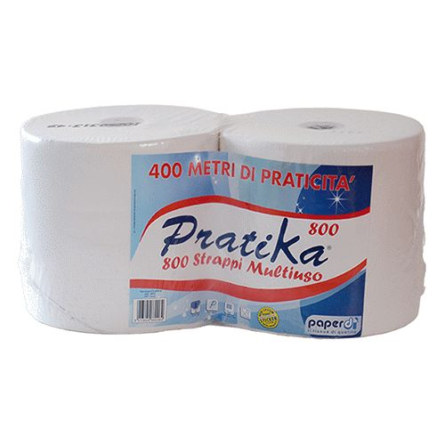 Paire de 2 rouleaux de papier cellulosique Pratika 800 larmes Bobine jetable 2 plis micro-encollée pour le nettoyage