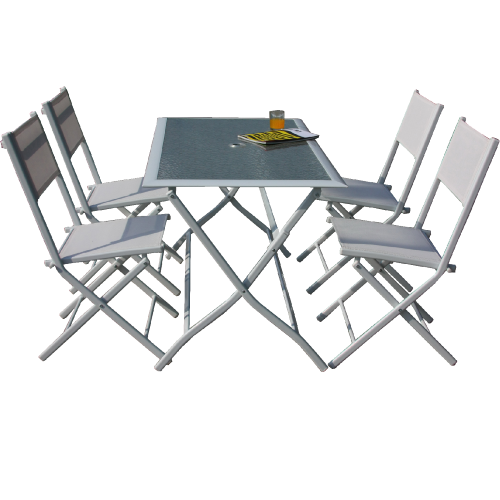 Astro klappbares Ess-Set in weißem Stahltisch mit Glas und vier Stühlen für den Garten im Freien