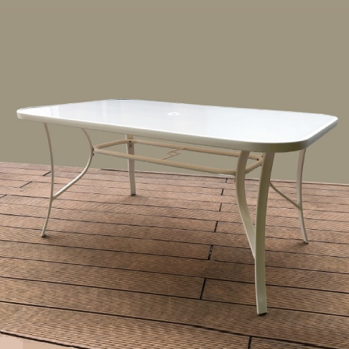 Giove rechteckiger Tisch aus cremefarbenem Metall cm 150x90x71 mit gehärteter Glasplatte für den Garten im Freien