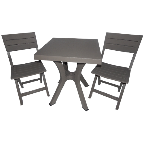 Ensemble Duetto en résine antichoc gris tourterelle composé d'une table croisée et de deux chaises pliantes pour jardin extérieur