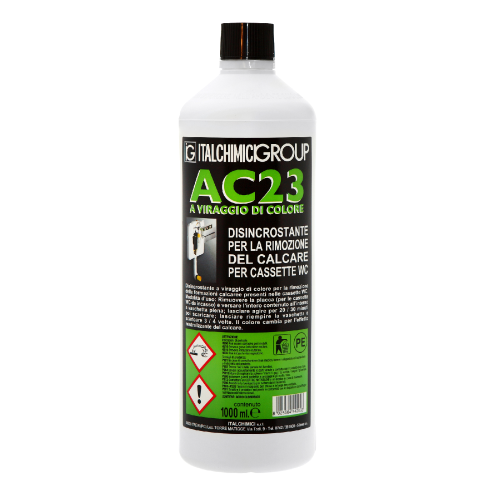 Desincrustante AC23 para la eliminación de formaciones de cal en cisternas de inodoro de 1000 ml con cambio de color