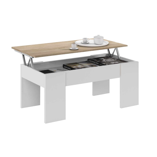 Kit tavolo caffè con piano elevabile in truciolare melaminico e spazio contenitore cm 50 x100 x45/56h rovere/bianco