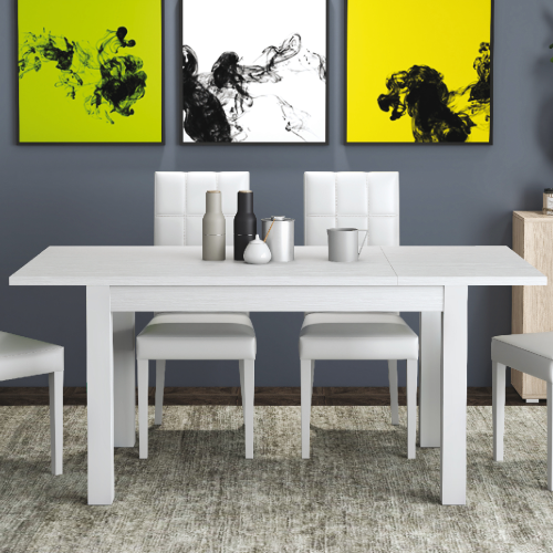 Kit table extensible Firenze cm 110/150X70X76h finition frêne blanc avec bord ABS et pieds en hêtre