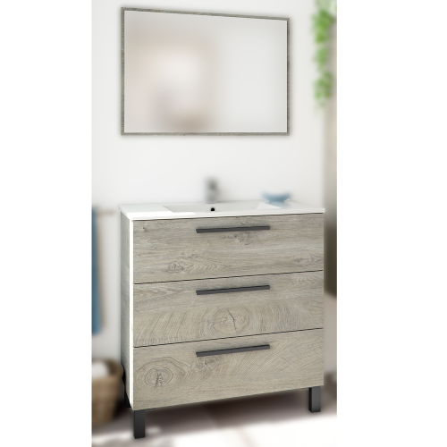 Athena Untertisch-Möbelset Eiche Alaska Farbe 80 cm 3 Schubladen + Badezimmerspiegel