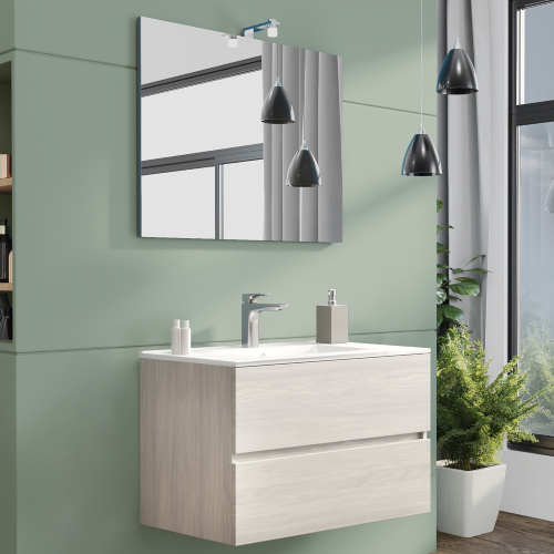 Meuble de salle de bain New Splash 80cm coloris chêne fumé avec vasque miroir éclairant