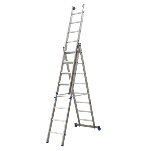 Professionelle blaue Leiter mit drei Abschnitten aus Aluminium 13+13+13 Stufen min./max. Höhe 390/865 cm mit stabilisierendem Sockel