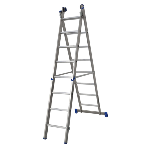 Professional blue ladder with two aluminum sections 8+8 steps min/max height 250/390 cm with stabilizing base