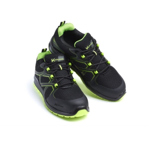 Karama K2 low safety work shoes black/fluorescent green S1P in nubuck leather coated mesh fabric