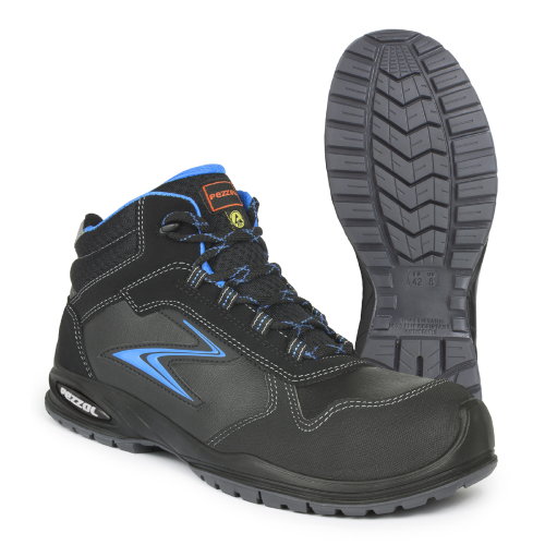 Chaussures de travail haute sécurité Pezzol Portofino S3 en cuir noir avec inserts bleu clair sans métal fabriquées en Italie