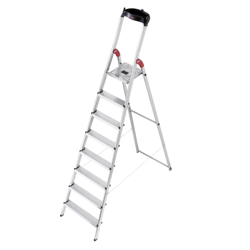 Escalera Hailo de aluminio L60 con 8 peldaños para uso doméstico altura de tijera 233 cm con peldaños antideslizantes