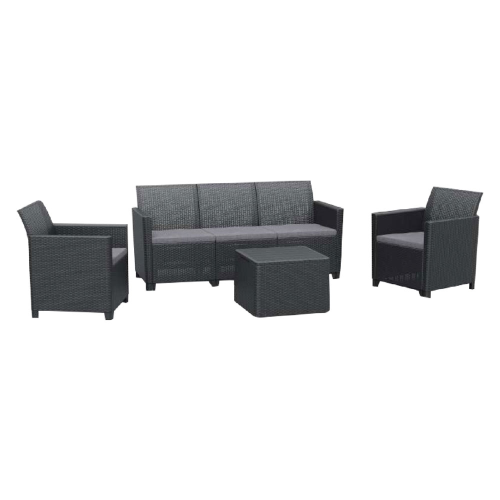 Claire Lounge Garten-Lounge-Set ein Dreisitzer-Sofa Sessel und ein quadratischer Tisch aus Polypropylen in Graphit-Rattan-Optik mit Kissen