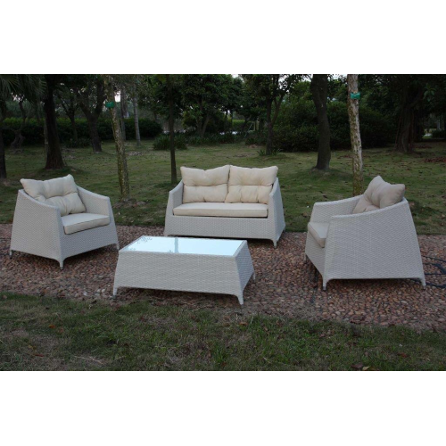 salotto giardino Ibiza bianco divano 2 poltrone tavolino in polyrattan