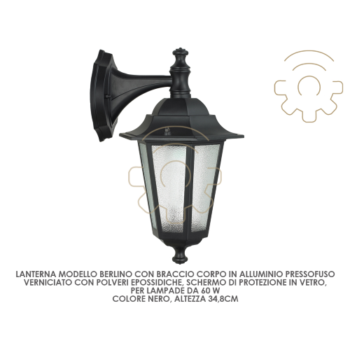 Berlin lantern with arm 60W black aluminum with glass garden lamp