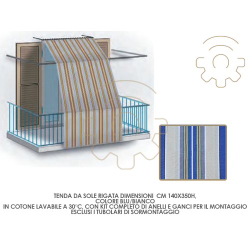 Blau / weiÃŸ gestreifte Markise 140 x 350 h waschbare Baumwoll-Kit-Ringe und Haken auÃŸerhalb der Balkonfensterterrasse
