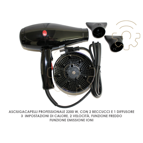 asciugacapelli 2200 w 2 beccucci 1 diffusore getto aria fredda 2 velocità 3 funzioni di calore phon asciugacapelli