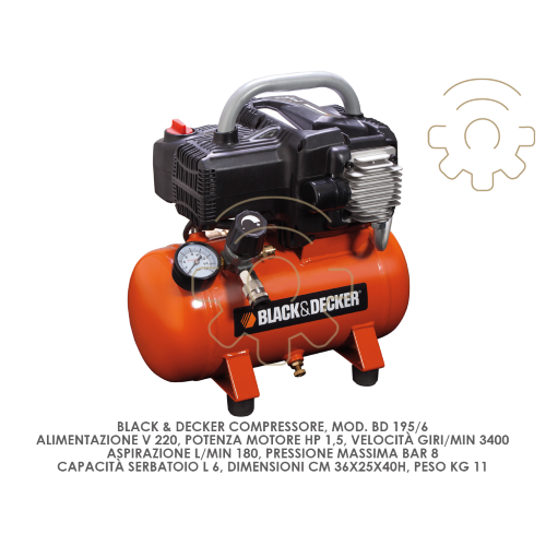 Black & Decker compressore da 6 lt 220V HP 1,5 B&D cm 36x25x40 h 11 kg