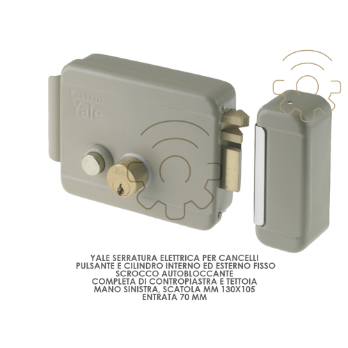 Yale serratura elettrica per cancelli mano sx scatola mm 130 x 105 entrata 70 mm pulsante cilindro interno ed esterno scrocco autobloccante completa di contropiastra tettoia