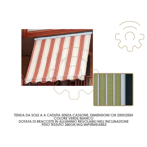 Tenda da sole a caduta senza cassone verde/bianco cm250x250h tessuto 280gr/mq impermeabile esterno balcone finestra terrazzo
