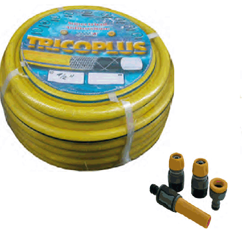 Tubo giallo Tricoplus antitorsione 15 mt da 5/8" 15 mm con kit per irrigazione giardino