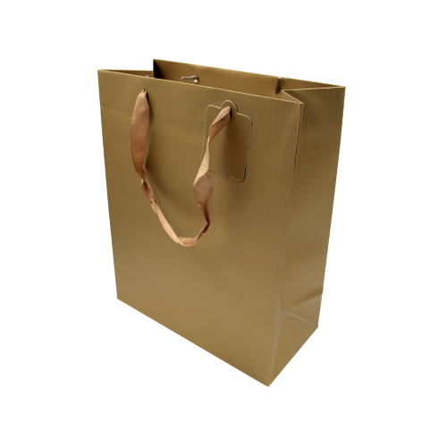 12 bolsas regalo shopper de papel dorado 26x12,5x32 h bolsas con asa de cinta sobre shopper