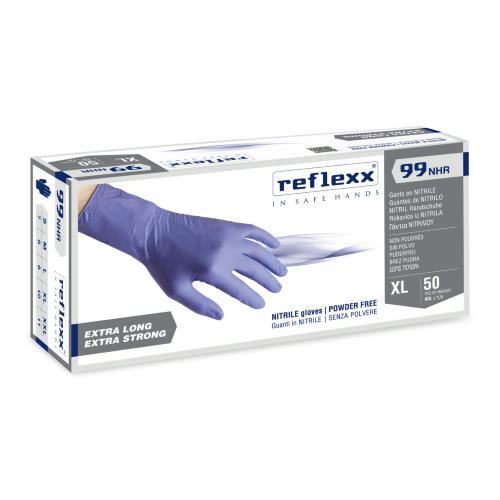 Reflexx R99 50 blue nitrile gloves without powder extra long 5.80 gr resistant
