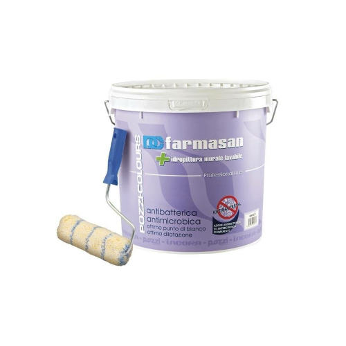 Pozzi 14 Lt Farmasan hydro washable white anti-bacterial, anti-mold and anti-microbial paint for schools, hospitals and places where a high degree of hygiene is required